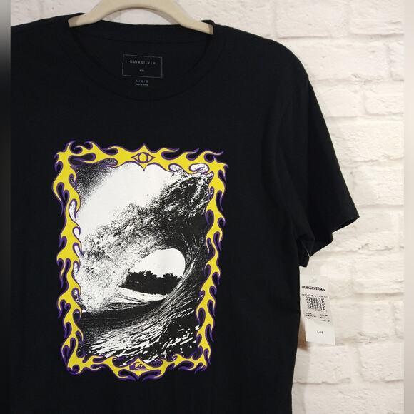 L QUIKSILVER Boy Black Wave Yellow Fire Flame Graphic Tee Shirt T-shirt NWT L 14 - Picture 5 of 6